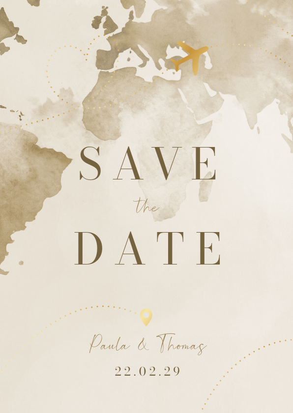 Hochzeitskarten - Save-the-Date-Karte Weltreise und Flugzeug mit Gold