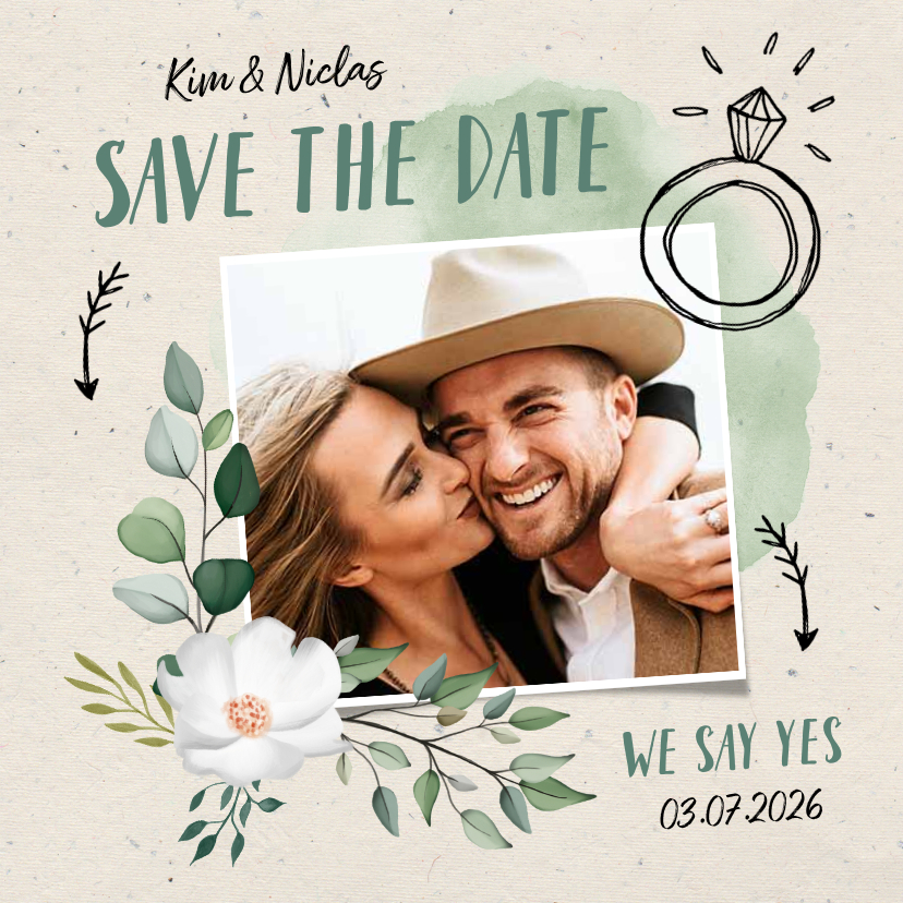 Hochzeitskarten - Save-the-Date-Karte zur Hochzeit Blumen & Doodles mit Foto