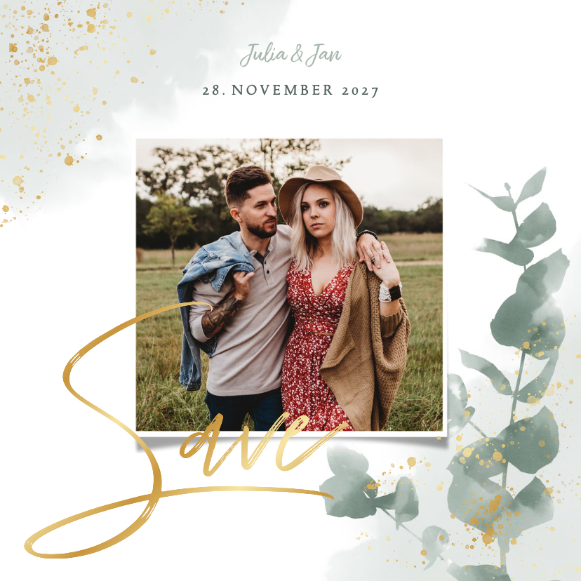 Hochzeitskarten - Save-the-Date-Karte zur Hochzeit Eukalyptus, Gold & Foto