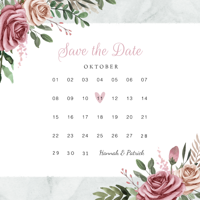 Hochzeitskarten - Save-the-Date-Karte zur Hochzeit Rosen & Marmor