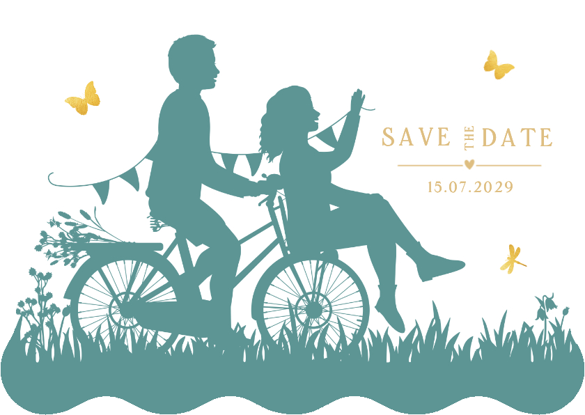 Hochzeitskarten - Save-the-Date Wellenkarte Paar Scherenschnitt Fahrrad