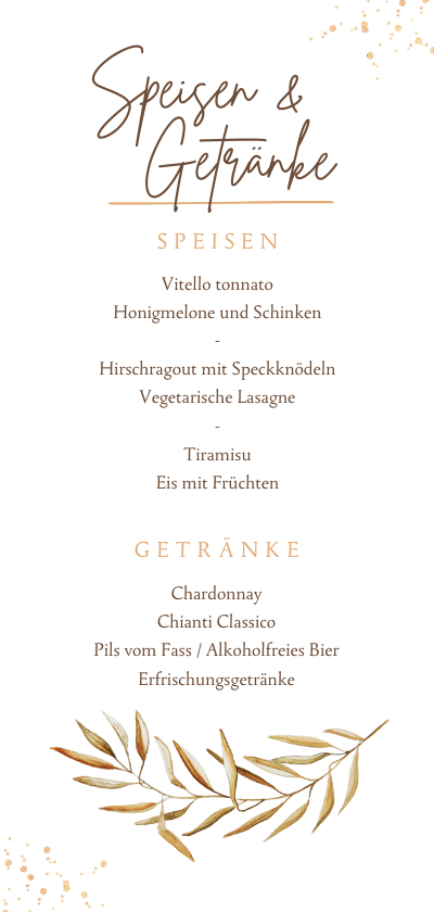 Hochzeitskarten - Speisekarte / Getränkekarte feine Zweige