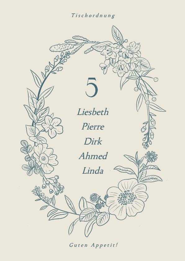 Hochzeitskarten - Tischnummer Gruppentischkarte blauer Blumenkranz klassisch