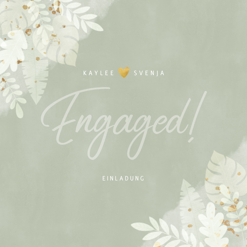 Hochzeitskarten - Verlobungskarte 'Engaged!' Dschungelblätter und Foto innen