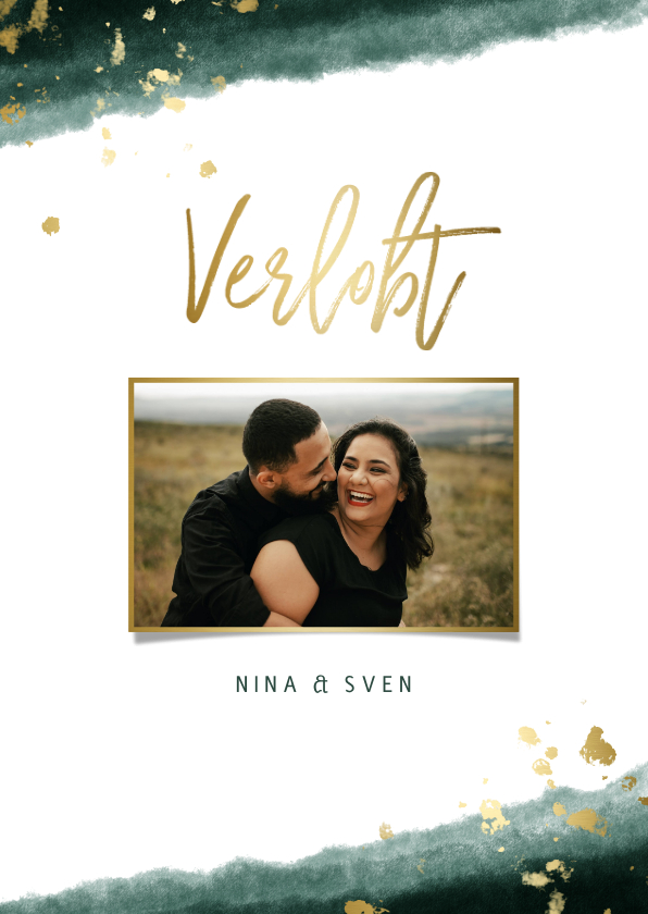 Hochzeitskarten - Verlobungskarte mit Foto in grün und gold 