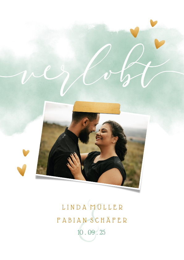 Hochzeitskarten - Verlobungskarte mit Foto und Herzen