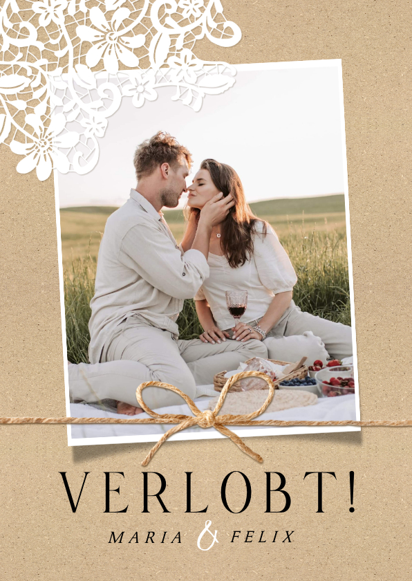 Hochzeitskarten - Verlobungskarte Spitze romantisch Kraftpapierlook