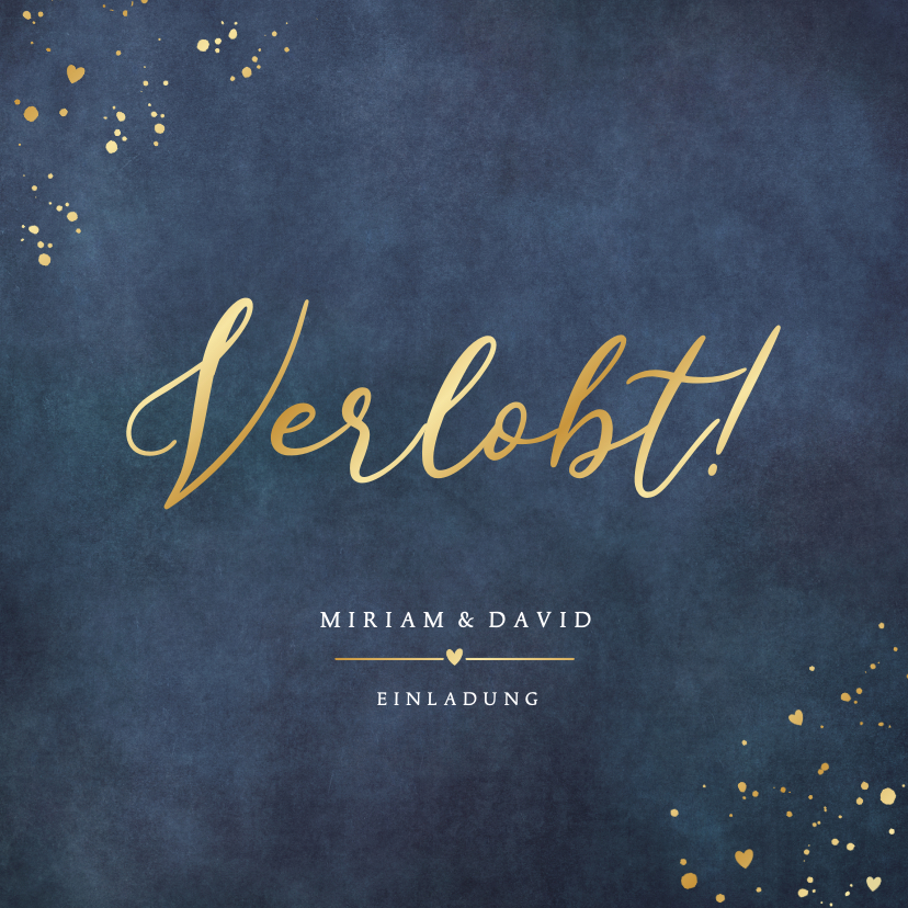 Hochzeitskarten - Verlobungskarte 'Verlobt!' Blau mit Gold