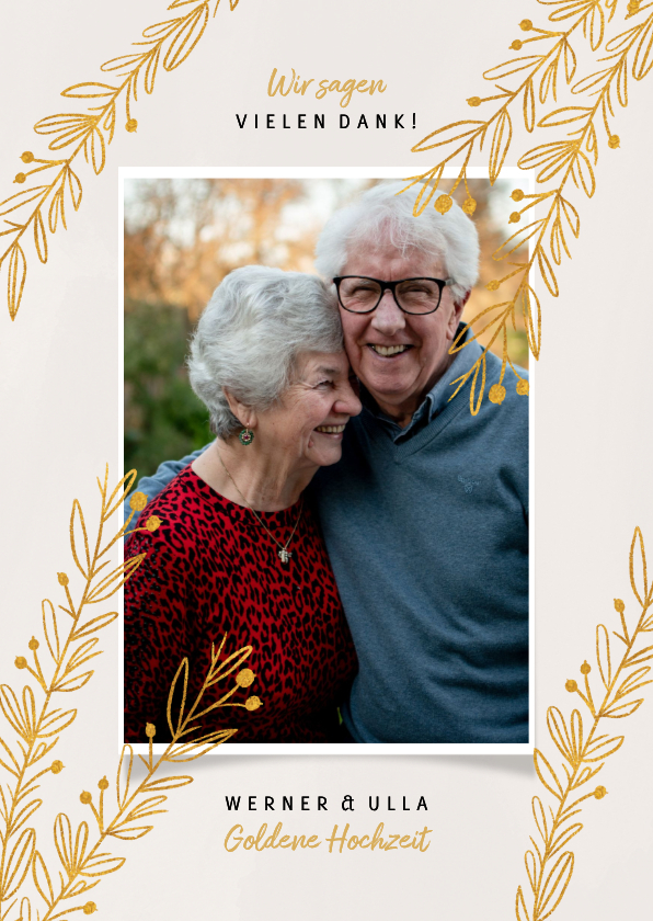 Danksagungskarte Goldene Hochzeit Foto & Zweige - Jubiläumskarten Jubiläumskarten - Danksagungskarte Goldene Hochzeit Foto & Zweige