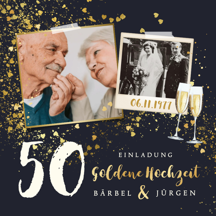Jubiläumskarten - Einladung goldene Hochzeit Glitzer Sprenkel & Fotocollage