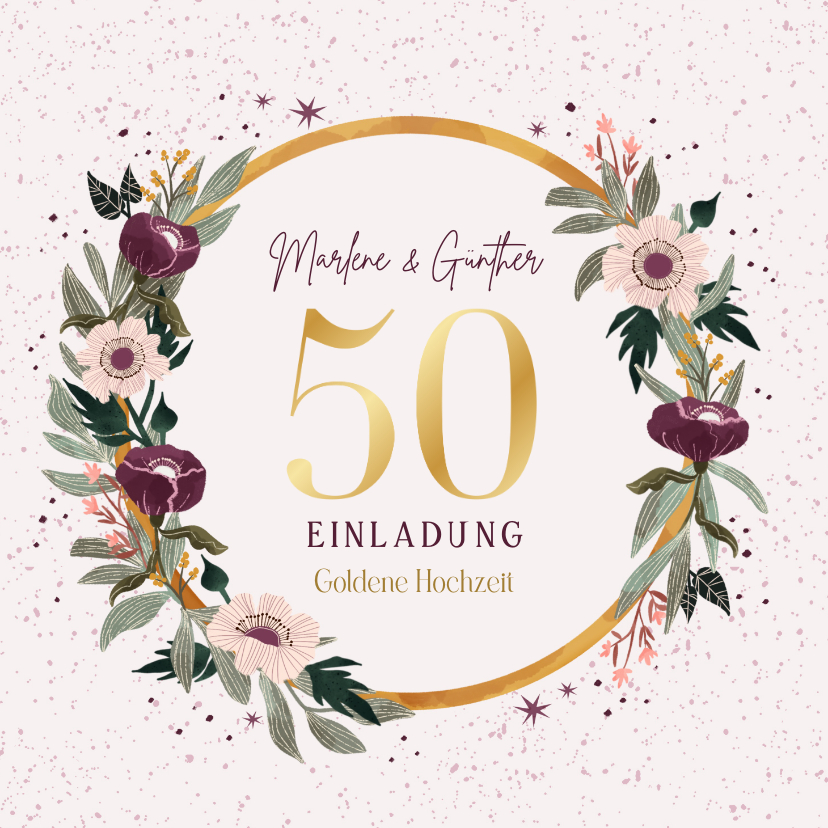 Jubiläumskarten - Einladung Goldene Hochzeit mit elegantem Blumenkranz