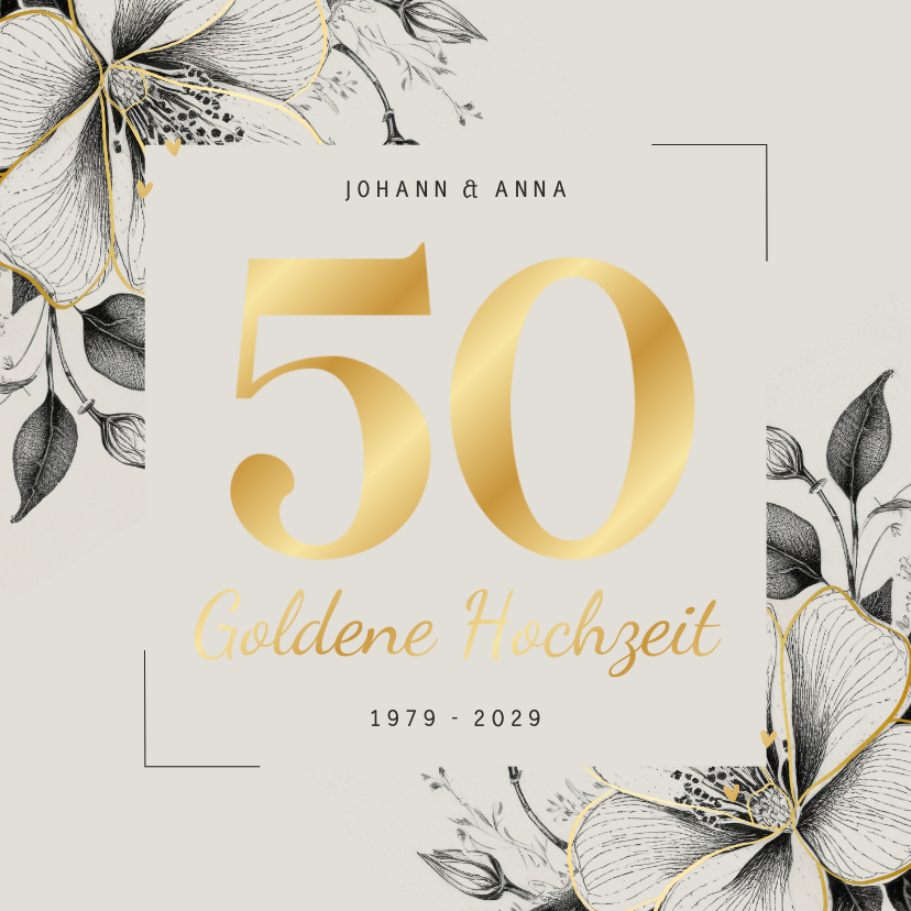 Jubiläumskarten - Einladung Goldene Hochzeit Vintage Blumen & Gold