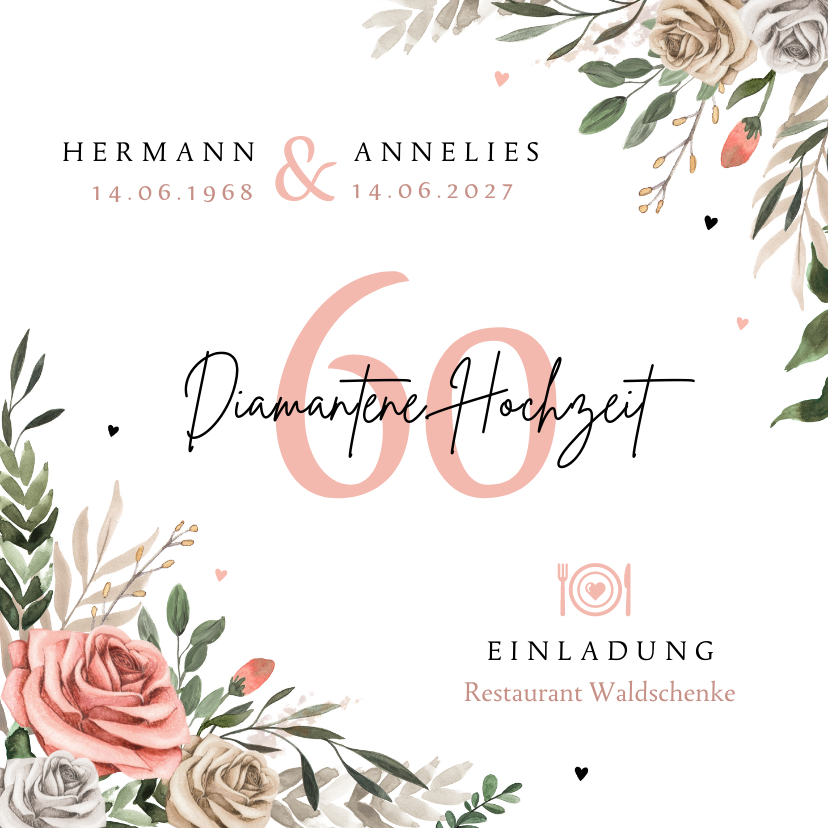 Jubiläumskarten - Einladung Jubiläum 60. Hochzeitstag Rosen