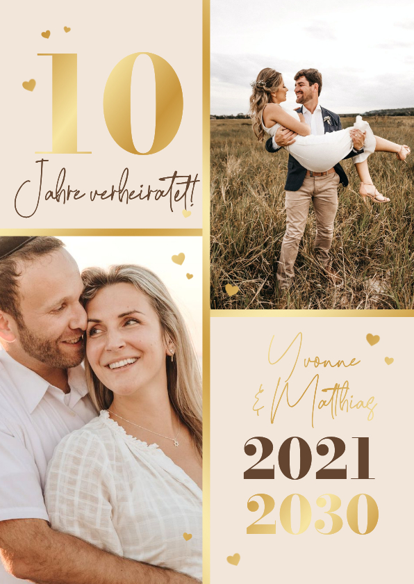 Einladung zum 10. Hochzeitsjubiläum Fotocollage & Gold - Jubiläumskarten Jubiläumskarten - Einladung zum 10. Hochzeitsjubiläum Fotocollage & Gold