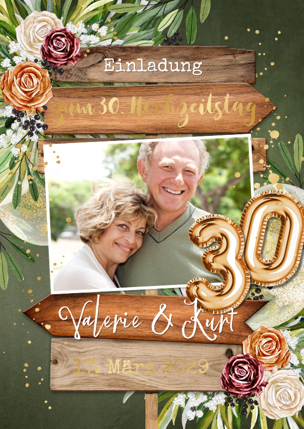 Einladung zum 30.Hochzeitstag Rosen & Wegweiser - Jubiläumskarten Jubiläumskarten - Einladung zum 30.Hochzeitstag Rosen & Wegweiser