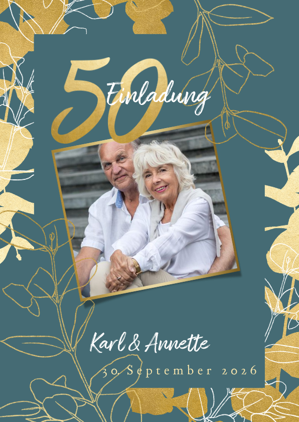Jubiläumskarten - Einladung zur goldenen Hochzeit Goldzweige Foto