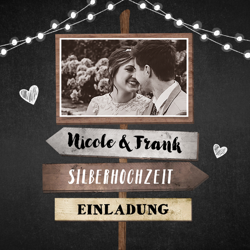Einladung zur Silberhochzeit Schilder und Foto schwarz - Jubiläumskarten Jubiläumskarten - Einladung zur Silberhochzeit Schilder und Foto schwarz