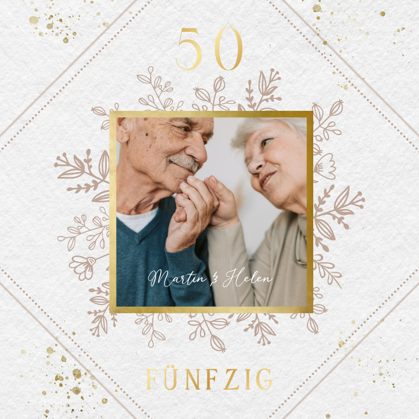 Jubiläumskarten - Einladungskarte 50. Hochzeitstag mit Blüten & Foto