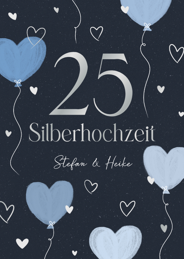 Jubiläumskarten - Einladungskarte blaue Herzluftballons Silberhochzeit
