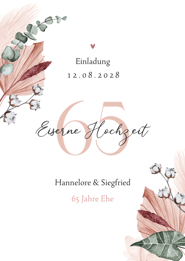 Jubiläumskarten - Einladungskarte Eiserne Hochzeit Blätterdekor