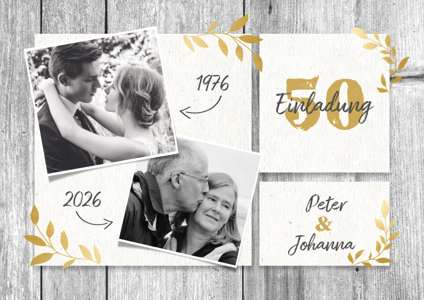 Jubiläumskarten - Einladungskarte zum Hochzeitsjubiläum Holz und Fotos