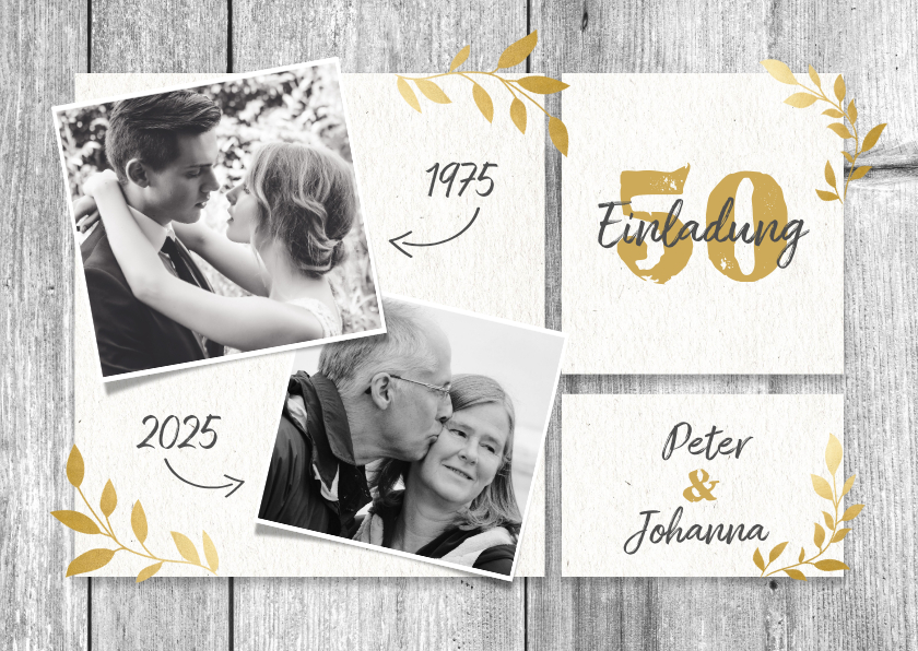 Jubiläumskarten - Einladungskarte zum Hochzeitsjubiläum Holz und Fotos