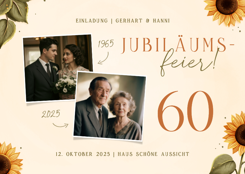 Jubiläumskarten - Foto-Einladungskarte 60. Hochzeitsjubiläum Sonnenblumen