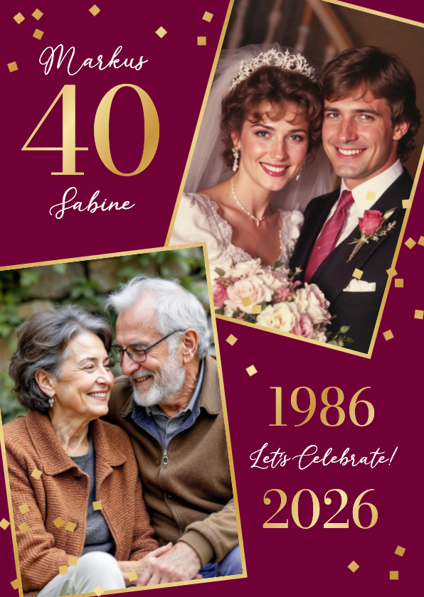 Jubiläum 40. Hochzeitstag Fotocollage goldenes Konfetti - Jubiläumskarten Jubiläumskarten - Jubiläum 40. Hochzeitstag Fotocollage goldenes Konfetti