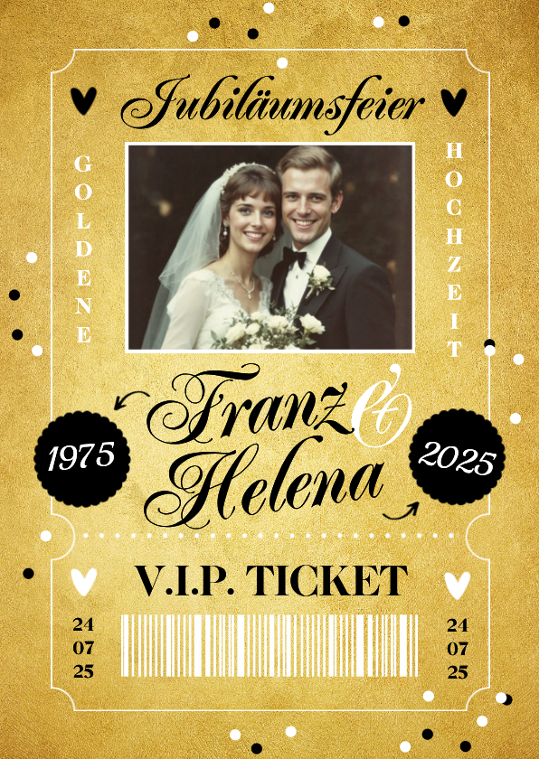 Jubiläum Einladungskarte mit Foto goldene Hochzeit Ticket - Jubiläumskarten Jubiläumskarten - Jubiläum Einladungskarte mit Foto goldene Hochzeit Ticket