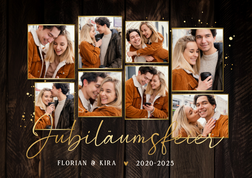 Jubiläumskarte Fotocollage Holzoptik 5. Hochzeitstag - Jubiläumskarten Jubiläumskarten - Jubiläumskarte Fotocollage Holzoptik 5. Hochzeitstag