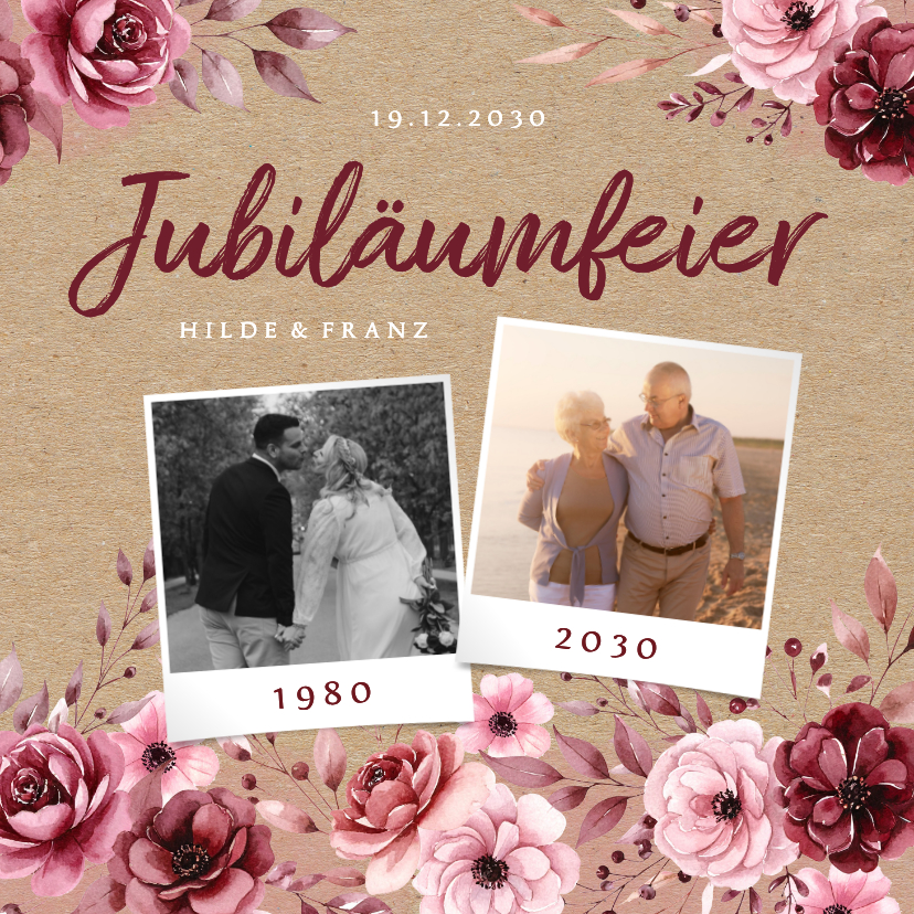 Rosa Blumen auf Kraftpapier Hochzeitsjubiläum Fotocollage - Jubiläumskarten Jubiläumskarten - Rosa Blumen auf Kraftpapier Hochzeitsjubiläum Fotocollage