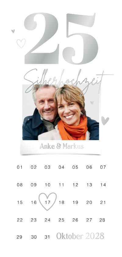Silberhochzeit Einladungskarte 25 silber & Kalender - Jubiläumskarten Jubiläumskarten - Silberhochzeit Einladungskarte 25 silber & Kalender