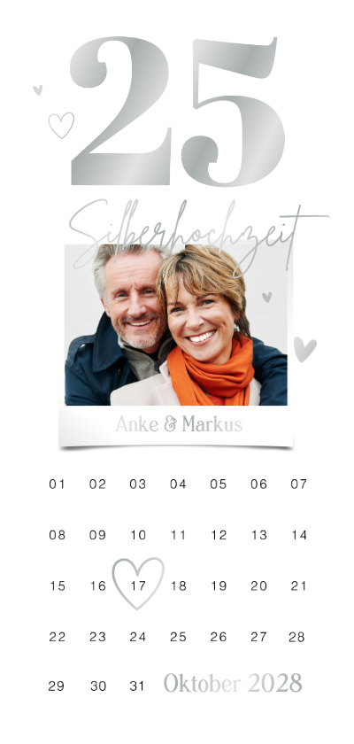 Jubiläumskarten - Silberhochzeit Einladungskarte 25 silber & Kalender