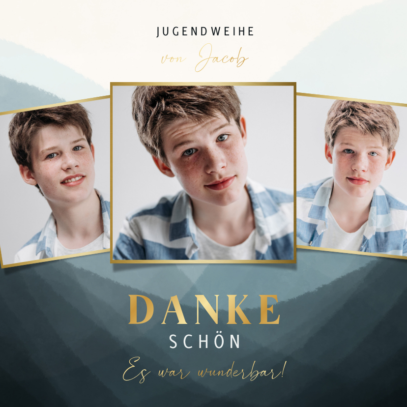 Jugendweihekarten - Dankeskarte Jugendweihe blau, Fotos & Gold