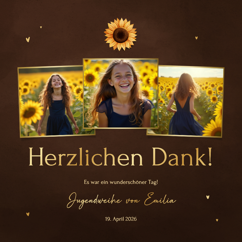 Jugendweihekarten - Dankeskarte Jugendweihe Fotocollage Sonnenblume braun 