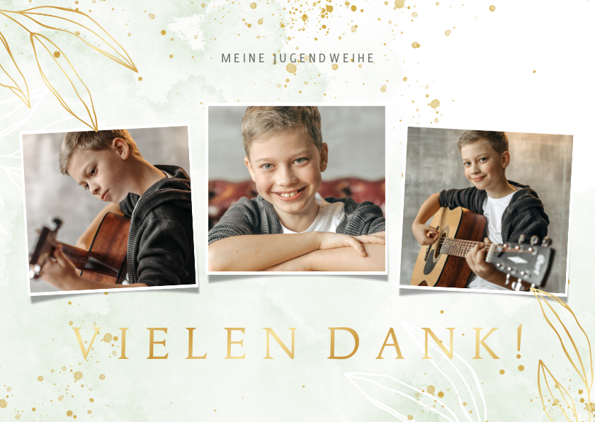 Dankeskarte Jugendweihe Fotos, grünes Aquarell & Gold - Jugendweihekarten Jugendweihekarten - Dankeskarte Jugendweihe Fotos, grünes Aquarell & Gold