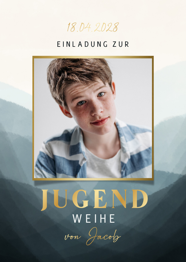 Einaldungskarte Jugendweihe blau, Foto & Gold - Jugendweihekarten Jugendweihekarten - Einaldungskarte Jugendweihe blau, Foto & Gold