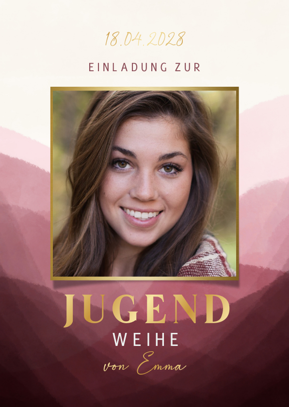 Einaldungskarte Jugendweihe dunkelrot, Foto & Gold - Jugendweihekarten Jugendweihekarten - Einaldungskarte Jugendweihe dunkelrot, Foto & Gold