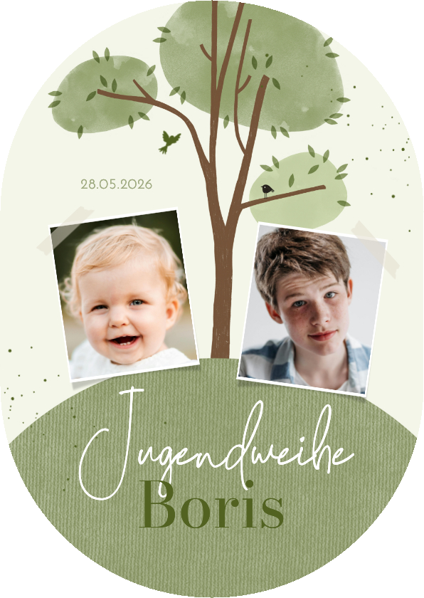 Jugendweihekarten - Einladungskarte Jugendweihe Baum Oval Fotocollage 