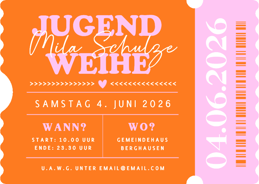 Jugendweihekarten - Einladungskarte Ticket Jugendweihe orange-rosa