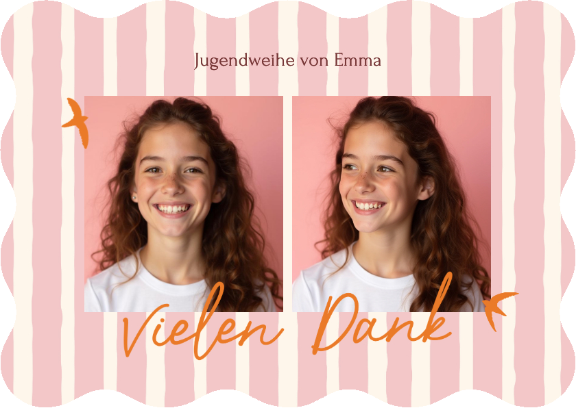 Jugendweihekarten - Foto-Danksagung Jugendweihe Vögel rosa gestreift