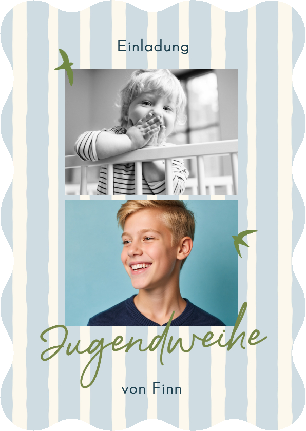 Jugendweihekarten - Foto-Einladung Jugendweihe Vögel blau gestreift 