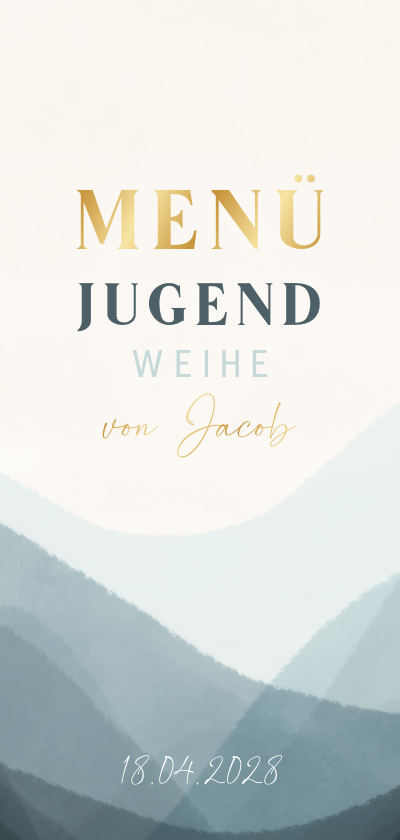 Jugendweihekarten - Menükarte Jugendweihe blaues Aquarell & Gold