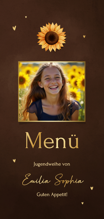Jugendweihekarten - Menükarte Jugendweihe mit Foto & Sonnenblume auf Braun