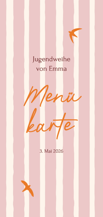 Menükarte Jugendweihe Vögel rosa gestreift - Jugendweihekarten Jugendweihekarten - Menükarte Jugendweihe Vögel rosa gestreift