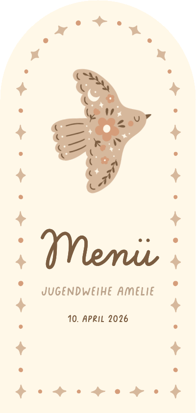 Jugendweihekarten - Speisekarte Jugendweihe Bogenform Vogel mit Ornamenten