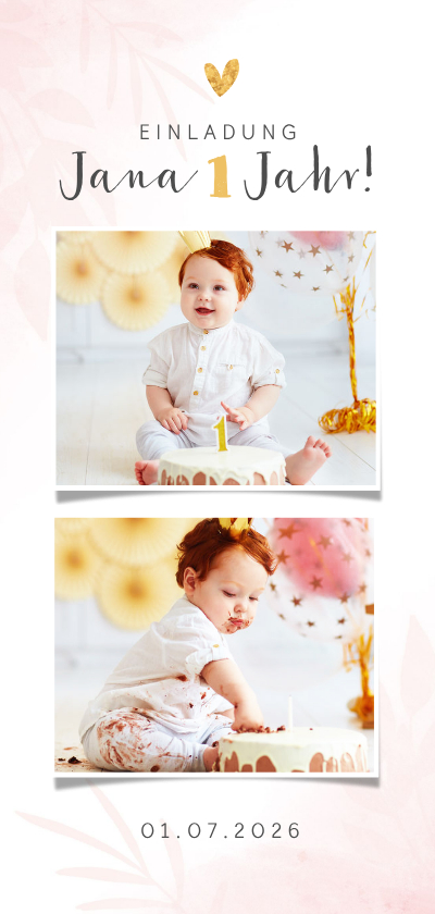 1. Kindergeburtstag Einladung rosa mit 2 Fotos - Kindergeburtstag Kindergeburtstag - 1. Kindergeburtstag Einladung rosa mit 2 Fotos