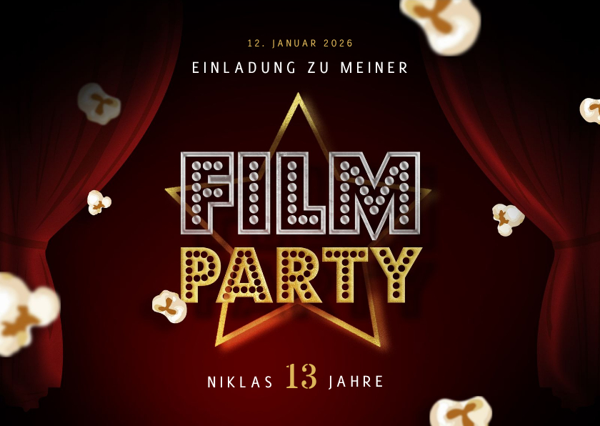 13. Kindergeburtstag Einladung Filmparty Popcorn - Kindergeburtstag Kindergeburtstag - 13. Kindergeburtstag Einladung Filmparty Popcorn