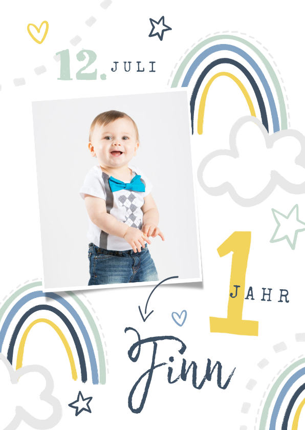 Kindergeburtstag - Einladung 1. Geburtstag Junge eigenes Foto & Regenbogen 
