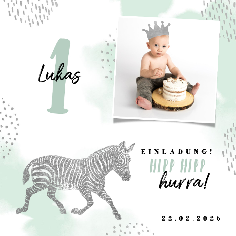 Einladung 1. Kindergeburtstag mit Foto, Zebra und Krone - Kindergeburtstag Kindergeburtstag - Einladung 1. Kindergeburtstag mit Foto, Zebra und Krone